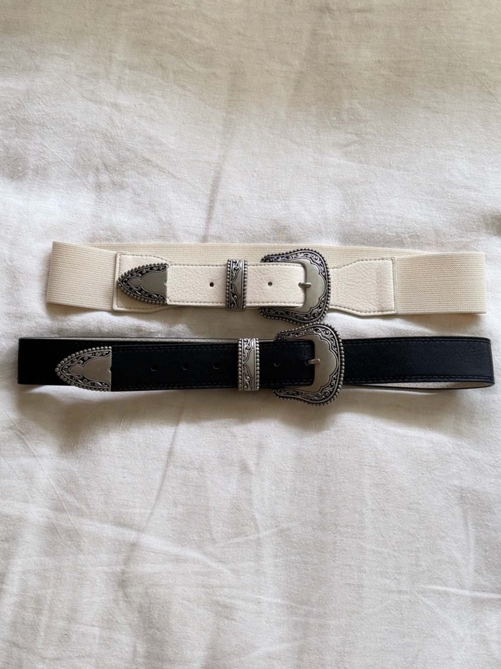 Vince Camuto Two-Piece Western Buckle Stretch Belts in Black and Cream